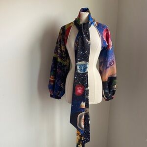 Custom Bolero Jacket Womens Sz Medium Salvador Dali Print Tie Neck Blue Multi
